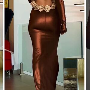 Elegant Brown Evening Gown with Gold Accents